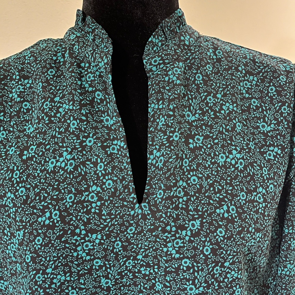 J. Crew Dark Teal Floral Blouse with Ruffles - Picture 2 of 4